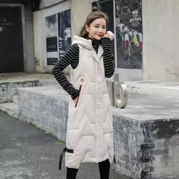 Зимний длинный жилет, женский однотонный стеганый жилет с капюшоном и карманами на молнии, женская повседневная стеганая куртка без рукавов, теплый стеганый жилет для женщин M бежевый