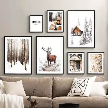 Зимний дом Лось Лисий лес Снежный дом Цитаты настенные художественные постеры принты скандинавская картина на холсте пейзажные фотографии Декор в гостиную 21cm30cm NoFrame