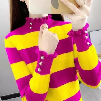 Зимний джемпер с длинными рукавами, женский трикотаж, модный женский свитер с полувысоким воротником, осенний свитер, свободный полосатый пуловер, женский трикотаж S зелёный