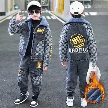 Зимний джинсовый костюм для мальчиков с бархатными толстыми лацканами, теплая модная джинсовая куртка + джинсовый костюм 170 синий