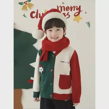 «Зимний флисовый свитер Wulibuyi 2025 для мальчиков с рождественским принтом панды и цветными блоками» 110 cm