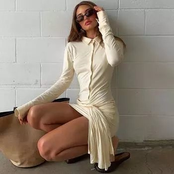 Зимний французский высококачественный модный темпераментный кардиган с лацканами, сексуальное облегающее платье со шнуровкой S абрикосовый