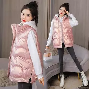 Зимний хлопковый жилет, европейская версия, чистый цвет, золотистая пленка, блестящий воротник-стойка, пуховый хлопковый женский жилет, жилет L чёрный