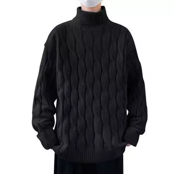 Зимний и флисовый утолщенный теплый трикотажный мужской свитер с высоким воротом, универсальный L чёрный