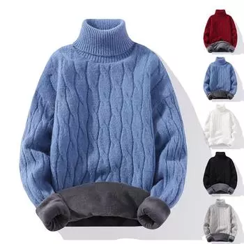 Зимний и флисовый утолщенный теплый трикотажный мужской свитер с высоким воротом, универсальный L синий