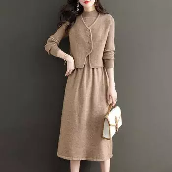 Зимний и осенний женский вязаный свитер, комплект жилета, женский комплект 2022, повседневное однотонное платье с длинными рукавами, комплект из двух предметов, свитер, женские топы One Size чёрный