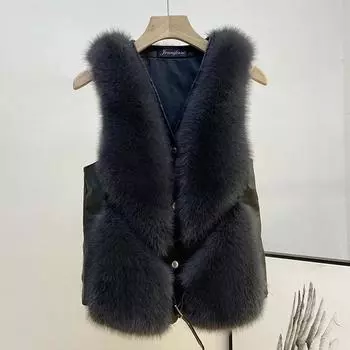 Зимний искусственный меховой жилет женский короткий искусственный мех лисы тока терможилет меховой кожаный жилет сращивание S