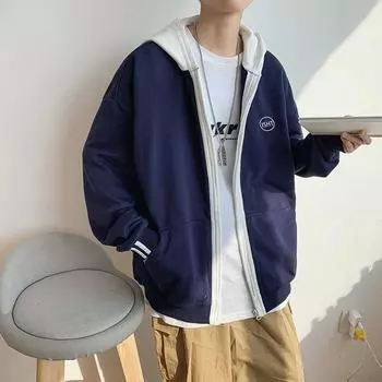 Зимний кардиган больших размеров, свитер с капюшоном, мужской гонконгский стиль, красивый корейский вариант, трендовая повседневная свободная студенческая куртка на молнии 2XL синий