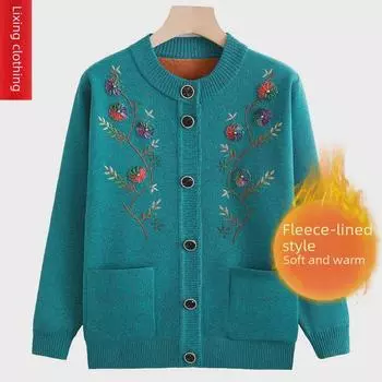 Зимний кардиган Grandma s Plus Velvet для женщин среднего и пожилого возраста - плотный, уютный топ на весну и осень 3XL (Approx. 115-125 Jin)