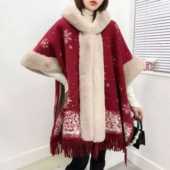 Зимний кардиган с кисточками, шаль, плащ, пальто, женское шерстяное пальто с воротником, шерстяное пальто, теплое и морозостойкое, повседневное пончо с длинными рукавами, женское пальто One Size красный