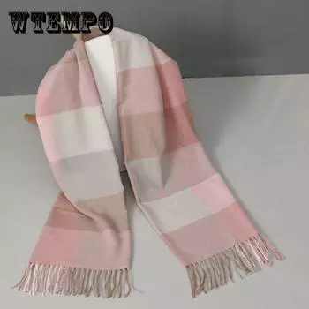 Зимний клетчатый шарф из имитации кашемира, женские зимние модели, универсальная толстая теплая шаль с кисточками, шарф двойного назначения из мягкой ткани 1PC