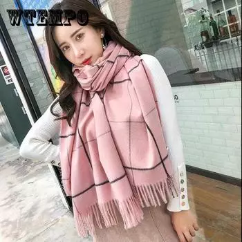 Зимний клетчатый шарф из искусственного кашемира, модный теплый универсальный шарф, удлиненный шарф с бахромой, шаль для женщин хаки