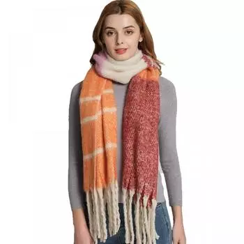 Зимний клетчатый шарф с толстой кисточкой и шалью из искусственного мохера 01#