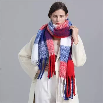Зимний клетчатый шарф в европейском и американском стиле, имитация кашемира, толстый и теплый, удлиненный шарф-шаль с кисточками 220*50cm