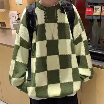 Зимний клетчатый свитер, мужской свободный покрой, модный вязаный топ с круглым вырезом, повседневный универсальный свитер осенне-зимнего сезона M армия зеленый