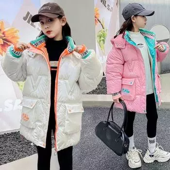 Зимний комбинезон для детей, длинный пуховик с капюшоном для девочек, утолщенное теплое и водонепроницаемое пальто 160cm белый