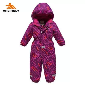 Зимний комбинезон для девочек VALIANLY, детский лыжный костюм, цельный детский зимний комбинезон, водонепроницаемые ветрозащитные лыжные комплекты 86 фиолетовый/красный
