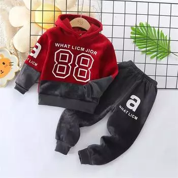 Зимний комплект из 2 предметов из бархата в стиле пэчворк для мальчиков, красивая толстая толстовка с капюшоном, детские теплые спортивные штаны, спортивный костюм, детский костюм 120 синий