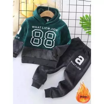 Зимний комплект из 2 предметов из бархата в стиле пэчворк для мальчиков, красивая толстая толстовка с капюшоном, детский теплые спортивные штаны, спортивный костюм, детский костюм 120 синий