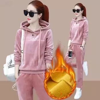 Зимний комплект из 2 предметов из плотного бархата, повседневная толстовка с капюшоном, прямые брюки с высокой талией, теплый спортивный костюм с вельветовой подкладкой XS фиолетовый