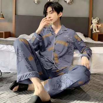 Зимний комплект из 2 предметов мужской пижамы с надписью «Слон», кардиган с длинными рукавами, домашняя одежда для студентов, мужская клетчатая пижама, домашняя одежда L