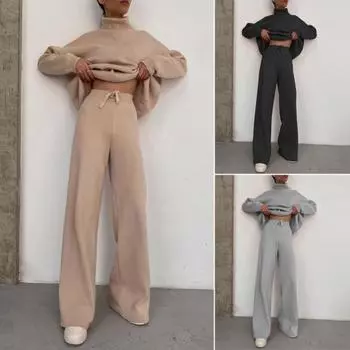 Зимний комплект из 2 шт./компл., толстовка, брюки, эластичный пояс на шнурке, толстые длинные рукава, однотонный, сохраняет тепло XL бежевый