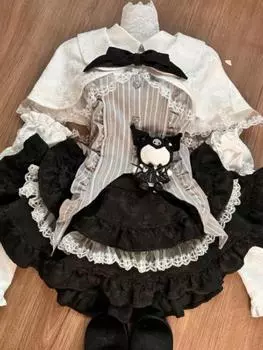 Зимний комплект из 4 предметов в стиле преппи с кружевом, женская модная винтажная рубашка без рукавов с вырезом + короткая юбка на тонкой резинке на талии, новый S чёрный