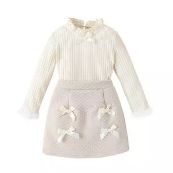 Зимний комплект из двух предметов для девочек с кружевным воротником и рукавами, с бантом и короткой юбкой 4Y бежевый