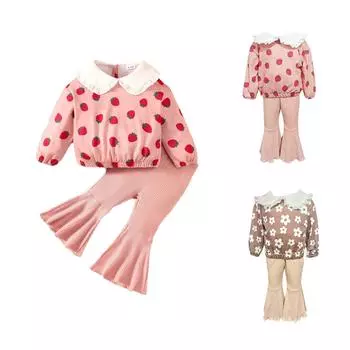 Зимний комплект из двух предметов для девочек с милым принтом клубники, топом с длинными рукавами и воротником-стойкой, расклешенными брюками 12 верблюд