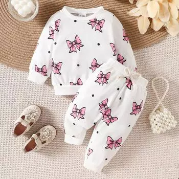 Зимний комплект из двух предметов для девочек с принтом в виде милого банта и брюк 0 белый