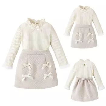 Зимний комплект из двух предметов для девочек с кружевным воротником и рукавами, с бантом и короткой юбкой 4Y бежевый