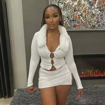 Зимний комплект из кардигана с меховым воротником и юбки с высоким разрезом Large белый