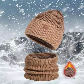 «Зимний комплект из шапки и шарфа для защиты от холода и катания на лыжах»: Плюс бархатная, теплая трикотажная шерстяная шапка с защитой ушей. хаки