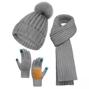 Зимний комплект из шапки, шарфа и перчаток для женщин, женская термошапка на флисовой подкладке с помпоном, длинный вязаный шарф, нескользящие перчатки для сенсорного экрана бежевый