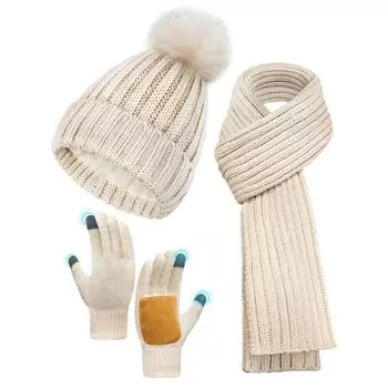 Зимний комплект из шапки, шарфа и перчаток для женщин, женская термошапка на флисовой подкладке с помпоном, длинный вязаный шарф, нескользящие перчатки для сенсорного экрана бежевый