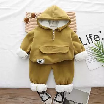 Зимний комплект из симпатичной толстовки с капюшоном и штанов в корейском стиле для младенцев и малышей - теплый бархатный комплект из двух предметов для мальчиков 120 cm