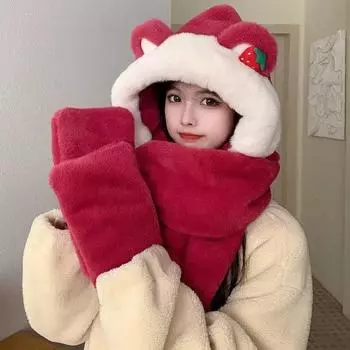 Зимний комплект из трех предметов, милый розовый шарф с медвежьими ушками, шапка-мешок, утепленная и холодная, женские зимние теплые перчатки розы красного