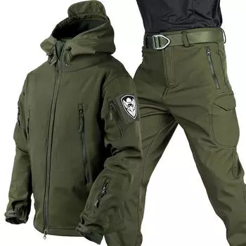 Зимний комплект мужской уличный ветрозащитный костюм карманный мягкий чехол с капюшоном куртки рабочие брюки S серый