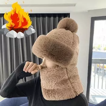 Зимний комплект шарфов с капюшоном для женщин, теплая плюшевая шапка для катания на лыжах, ветрозащитная шапка для активного отдыха, толстые плюшевые пушистые шапочки серый