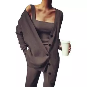 Зимний комплект жилет пальто брюки большого размера комплект однотонный теплый осенний цвет трикотажный трехкомпонентный однобортный кардиган свитер брюки жилет одежда 2XL чёрный