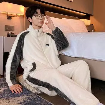 Зимний коралловый бархатный кардиган с толстой молнией, пижама большого размера, фланель, теплый комплект домашней одежды большого размера M кофейный