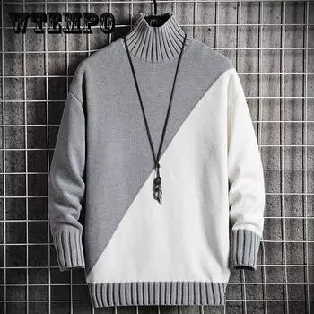 Зимний красивый свитер мужской Harajuku мужской джемпер толстый теплый водолазка пуловер мужской рождественский свитер M тёмно-синий