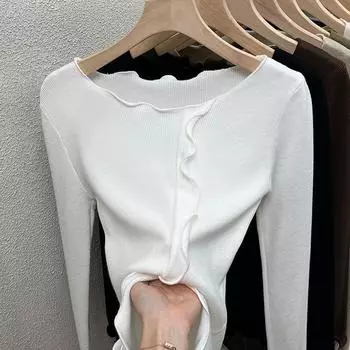 Зимний круглый вырез, вязаный свитер для женщин, осенний новый длинный рукав, базовый трикотаж, топы, офисные женские элегантные однотонные повседневные свитера, шикарный 24855 One Size белый