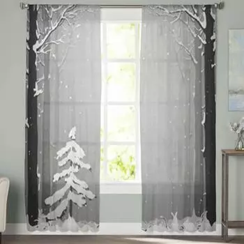 Зимний лес с елью и кроликами прозрачные шторы вуаль для спальни гостиная окна прозрачные шторы кухня тюлевые шторы 135W x 114H(cm)