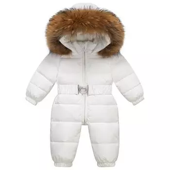 Зимний лыжный костюм Детская одежда Пальто из искусственного меха Детский комбинезон для мальчиков Теплый пуховик Детское пальто для девочек 120cm белый