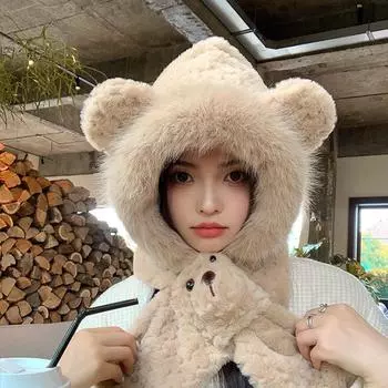 «Зимний медвежонок, плюшевая шапка и шарф»: Уютный, теплый и защищающий уши свитер для холодной погоды. белый/кремовый