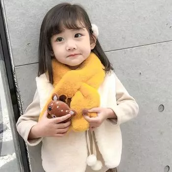 Зимний милый детский шарф, шарфы для девочек, детский шарф с воротником из искусственного кроличьего меха и головой оленя, кукольные грелки, рождественский подарок розовый