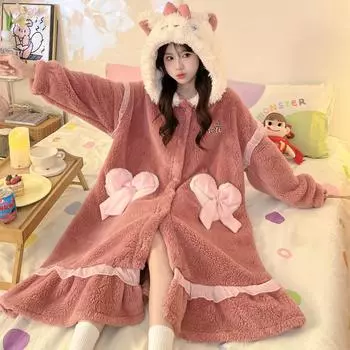 Зимний милый и теплый топ с рисунком из мультфильма, утолщенный коралловый бархатный длинный кардиган с капюшоном, ночная рубашка, домашняя одежда M