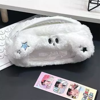 Зимний Милый Пушистый Белый Собака Кошка Пенал Удобный Прозрачное Окошко Сумка для Ручек Девочки Органайзер для Канцелярии Школьные Принадлежности синий