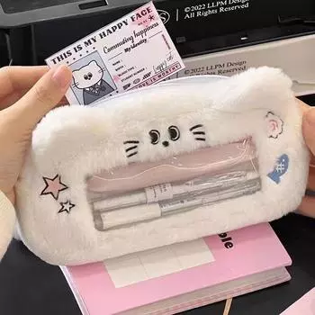 Зимний Милый Пушистый Белый Собака Кошка Пенал Удобный Прозрачное Окошко Сумка для Ручек Девочки Органайзер для Канцелярии Школьные Принадлежности